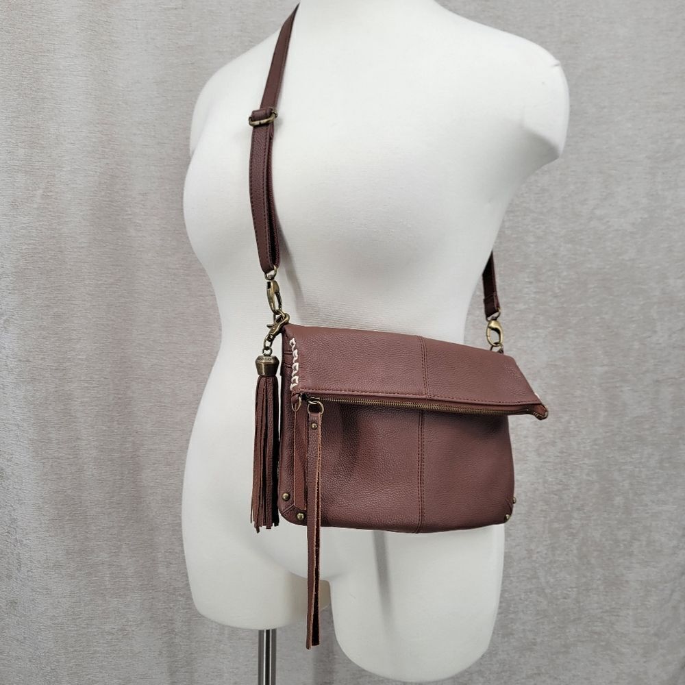 Lucky Brand Del Ray Brown Leather Convertible Crossbody Bag Purse Boho Tassel